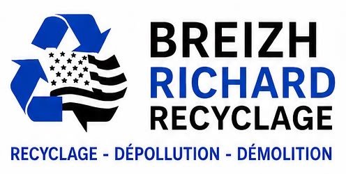 Logo for Breizh Richard Recyclage with a blue recycling symbol containing an American flag motif and bold text 'BREIZH RICHARD RECYCLAGE' plus the blue service list 'RECYCLAGE - DÉPOLLUTION - DÉMOLITION'.